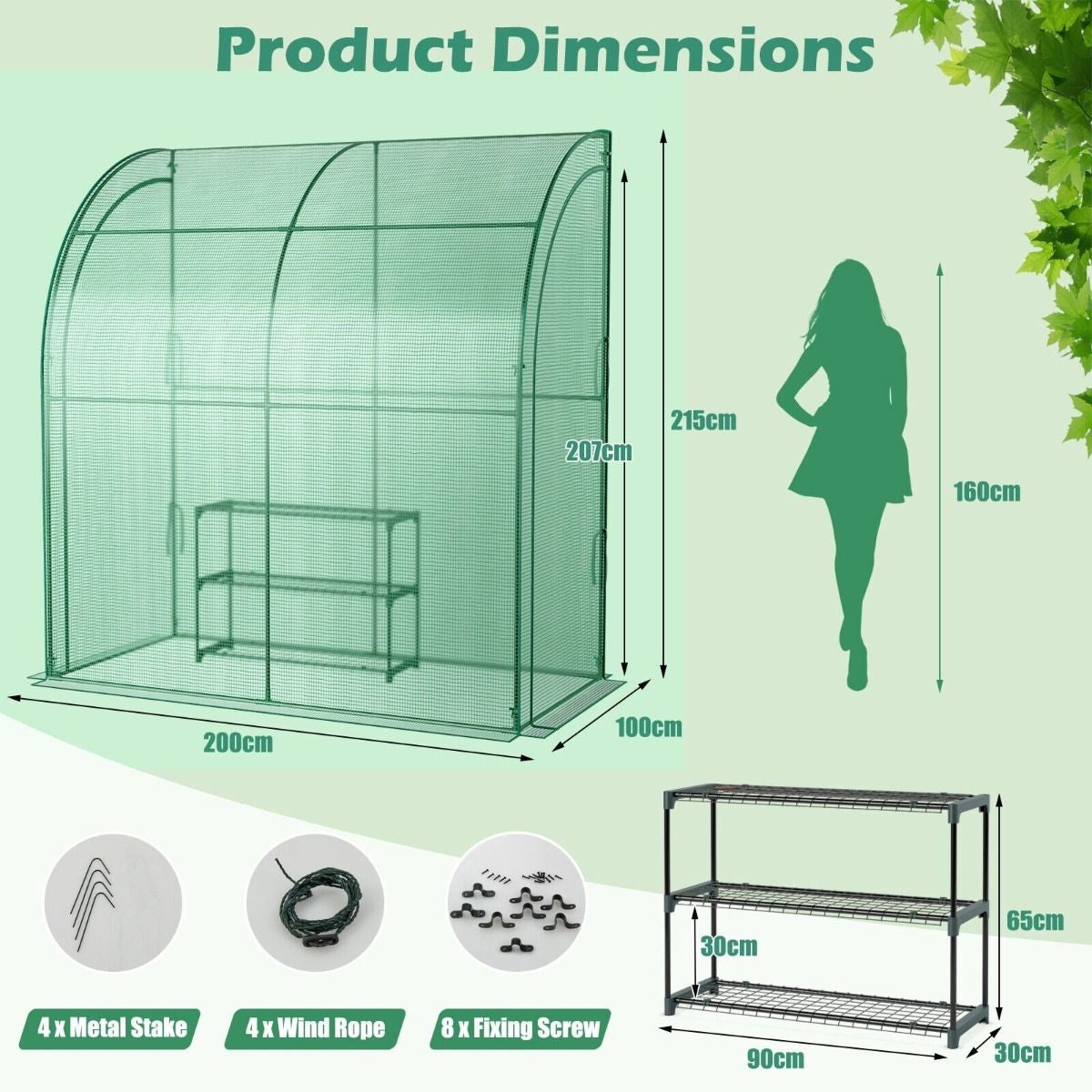 200 X 100 X 215Cm Walk in Greenhouse with 3-Tier Plant Stand