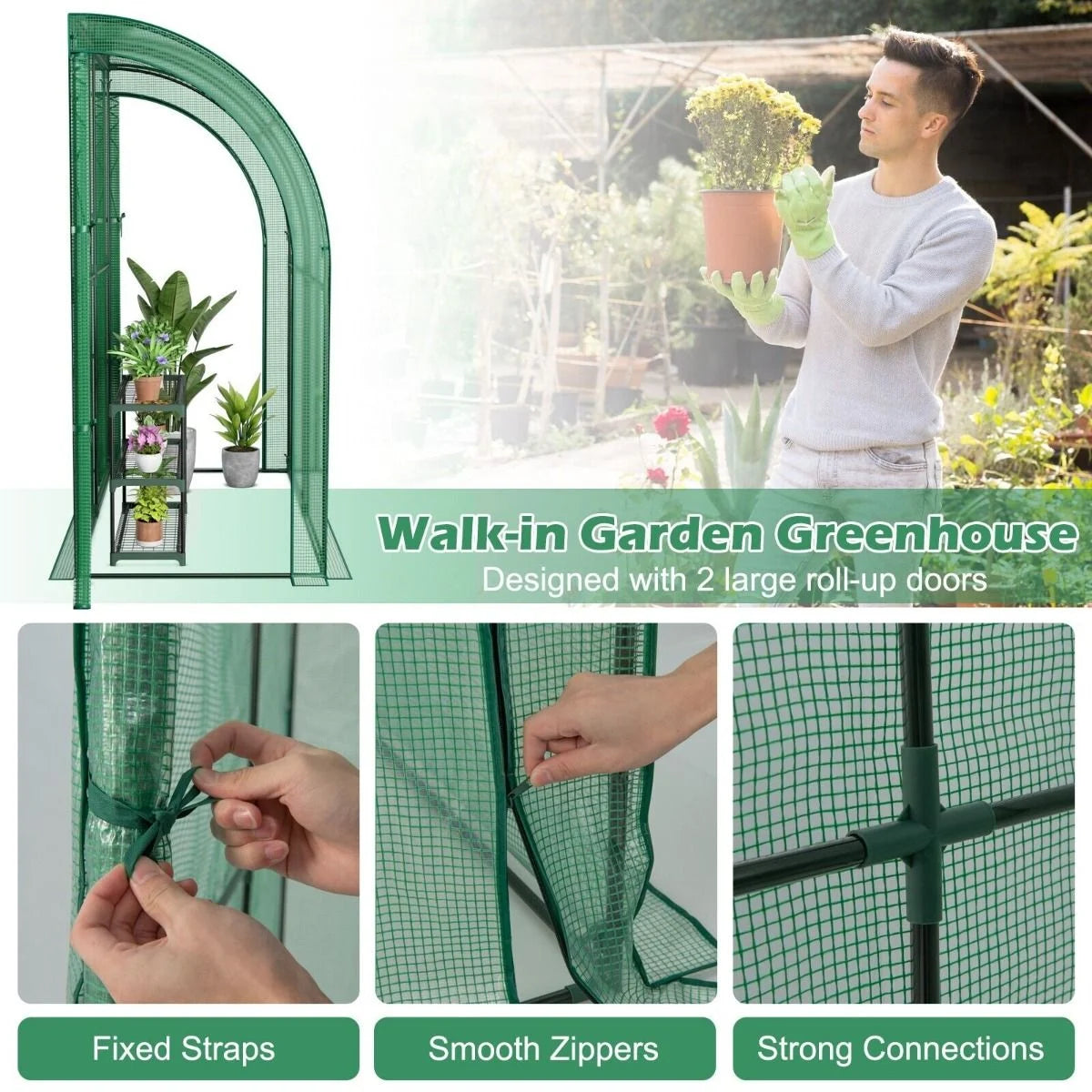 200 X 100 X 215Cm Walk in Greenhouse with 3-Tier Plant Stand