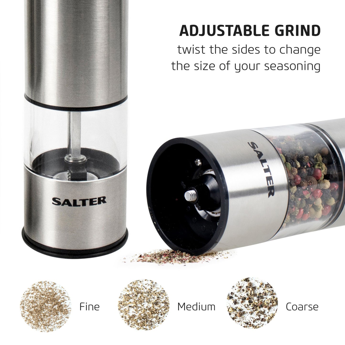 Salter Electric Mill Salt and Pepper Grinder Set Stainless Steel - Battery Powered